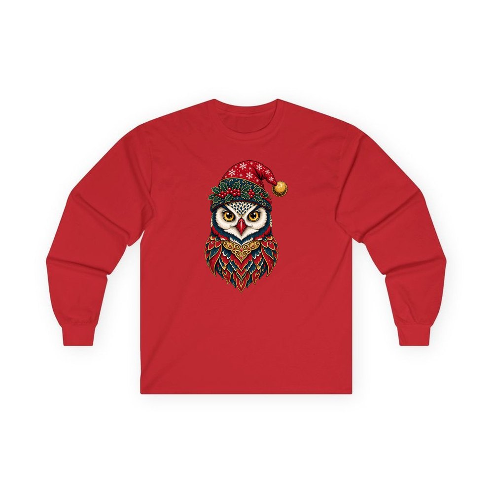 Ornate Owl In Santa Hat personalised long sleeve Christmas T-shirt in red