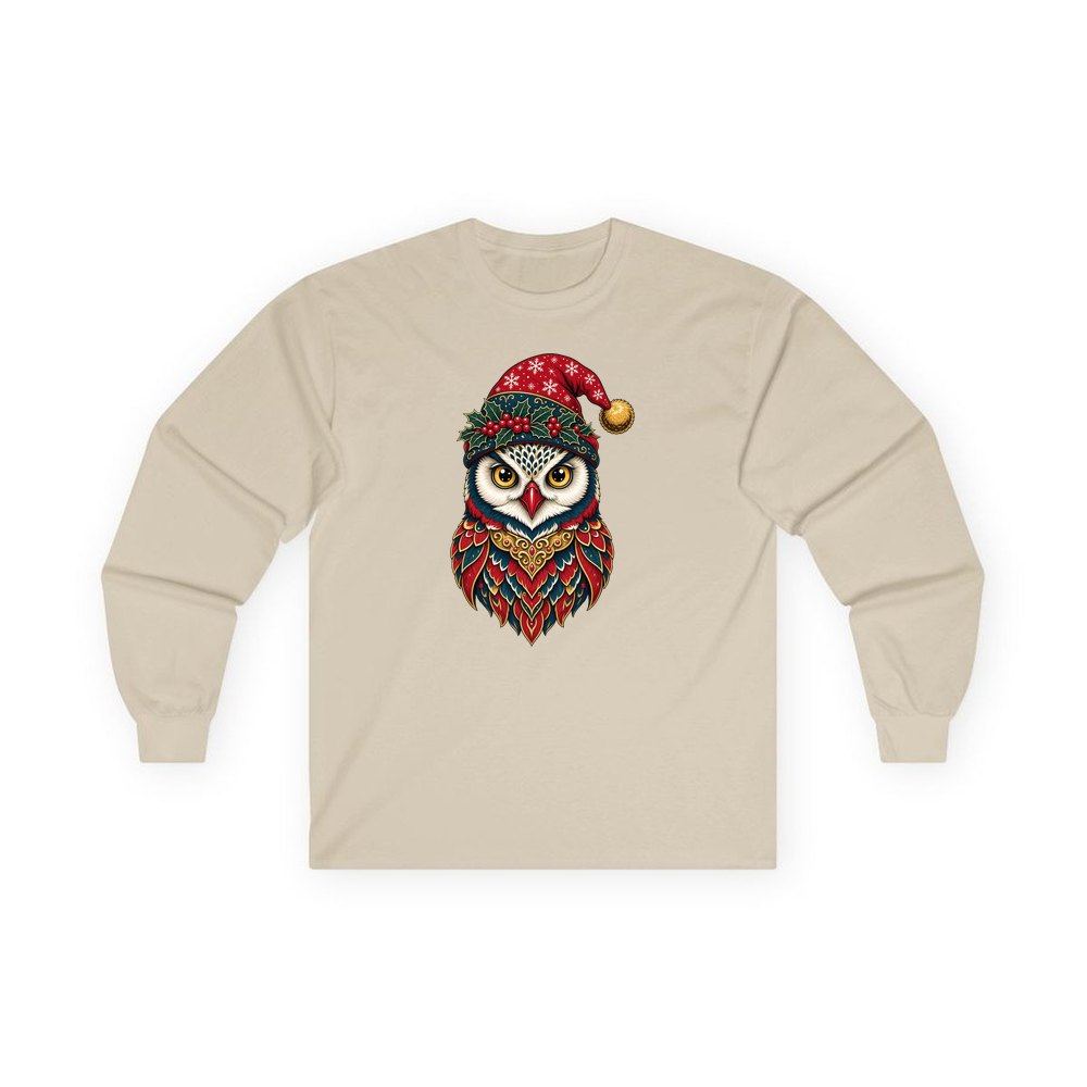 Ornate Owl In Santa Hat personalised long sleeve Christmas T-shirt in sand