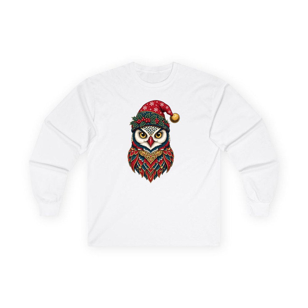 Ornate Owl In Santa Hat personalised long sleeve Christmas T-shirt in white