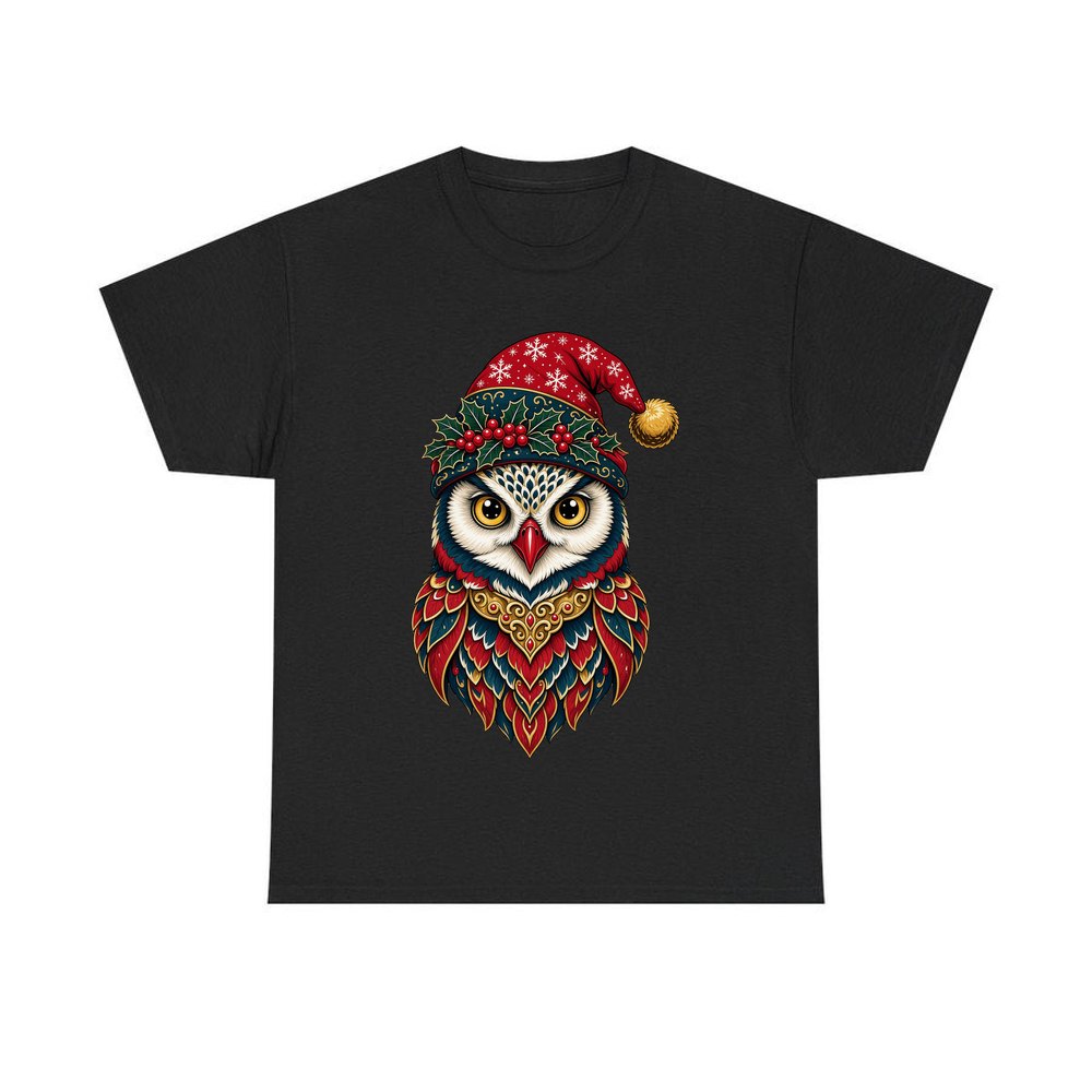 Ornate Owl In Santa Hat personalised Christmas T-shirt in black