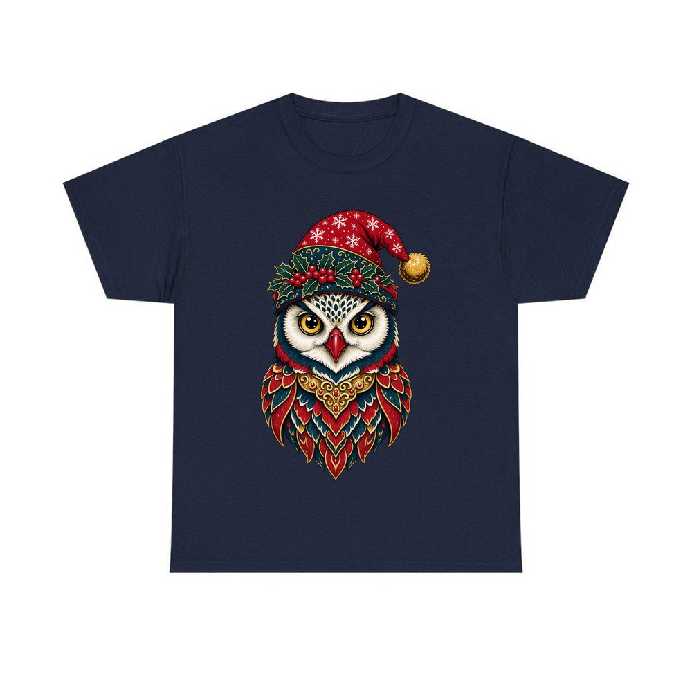 Ornate Owl In Santa Hat personalised Christmas T-shirt in navy