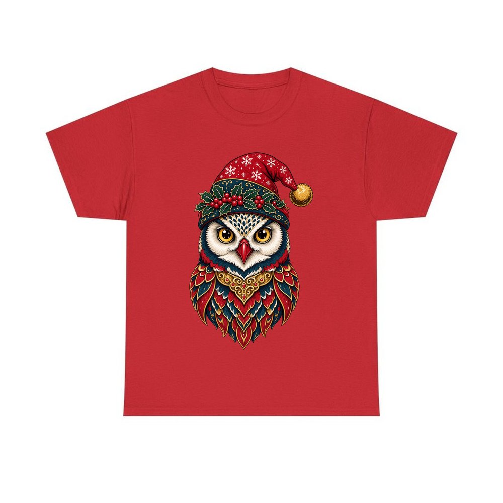 Ornate Owl In Santa Hat personalised Christmas T-shirt in red