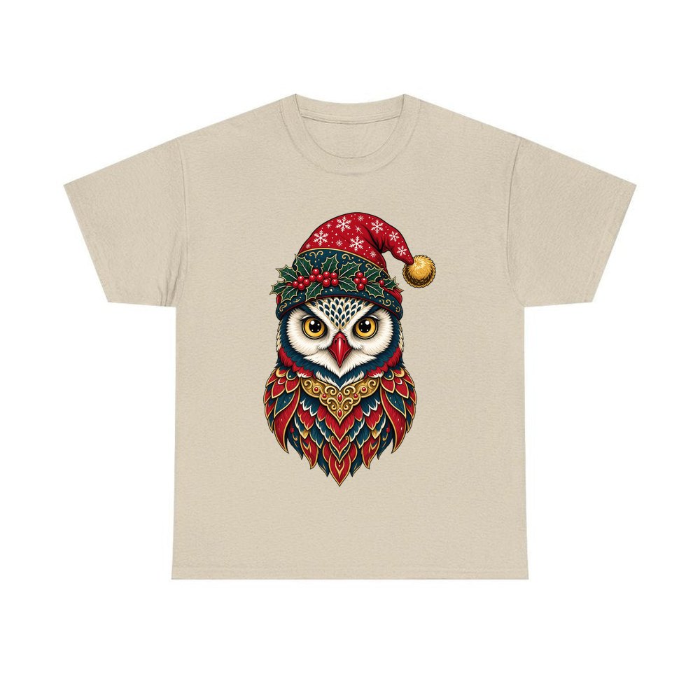 Ornate Owl In Santa Hat personalised Christmas T-shirt in sand