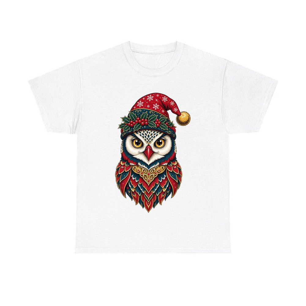 Ornate Owl In Santa Hat personalised Christmas T-shirt in white