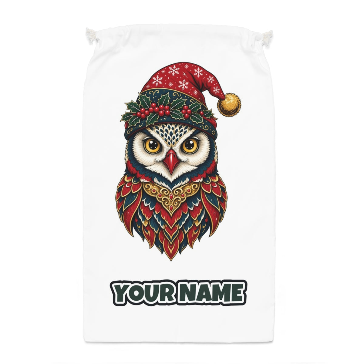 Ornate Owl In Santa Hat Santa sack laid flat, showing the full print