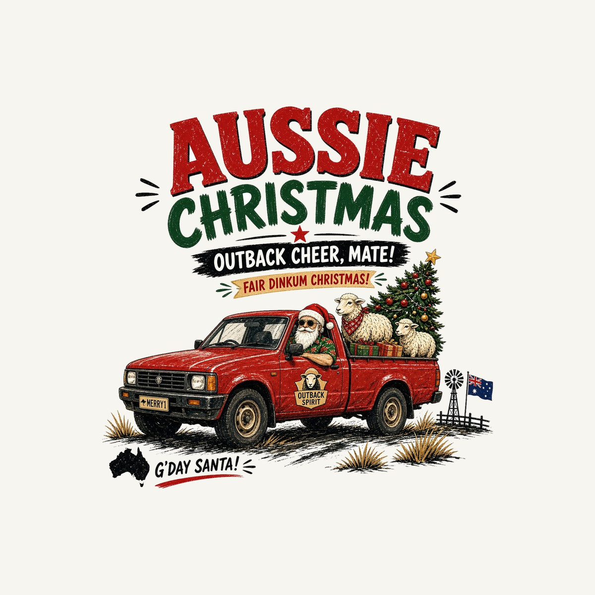 Outback Ute Santa Sheep Personalised Kids and Baby Christmas Tee