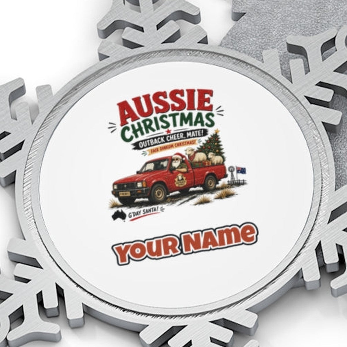 Outback Ute Santa Sheep Personalised Pewter Christmas Ornament