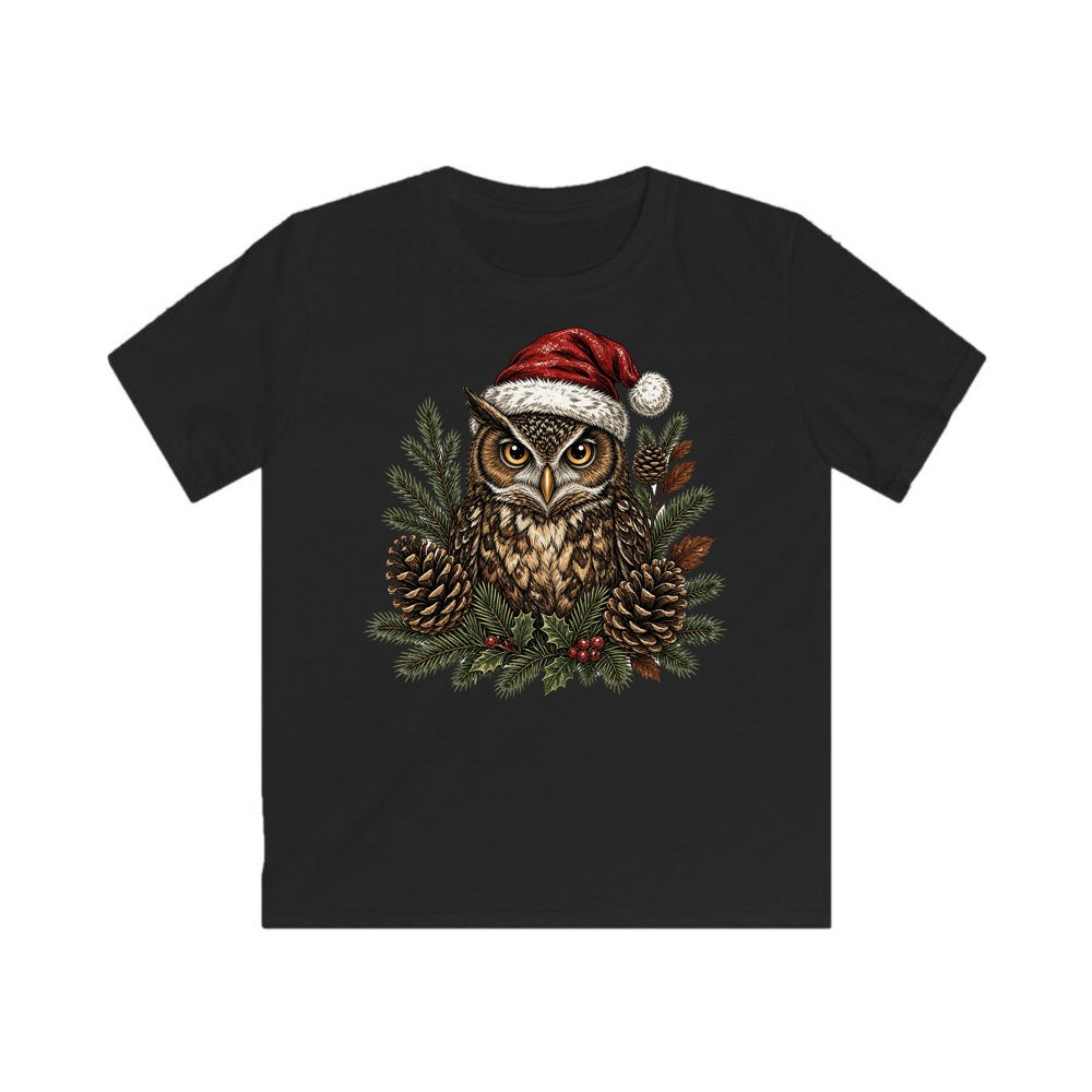 Owl in Santa Hat personalised kids Christmas tee in black