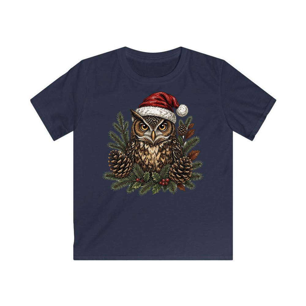 Owl in Santa Hat personalised kids Christmas tee in navy