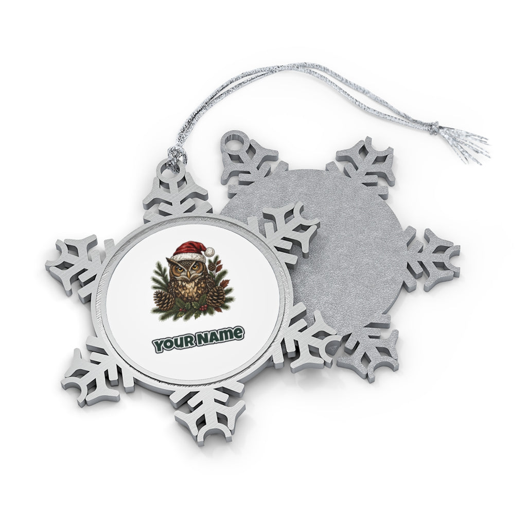 Owl in Santa Hat Personalised Pewter Christmas Ornament