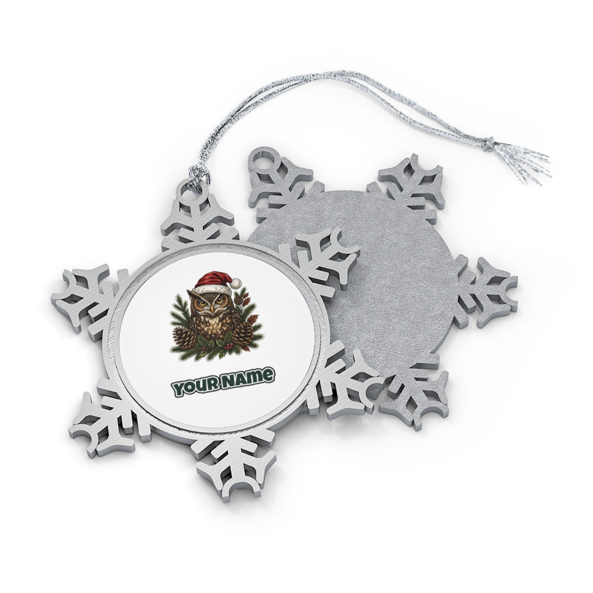 Owl in Santa Hat Personalised Pewter Christmas Ornament