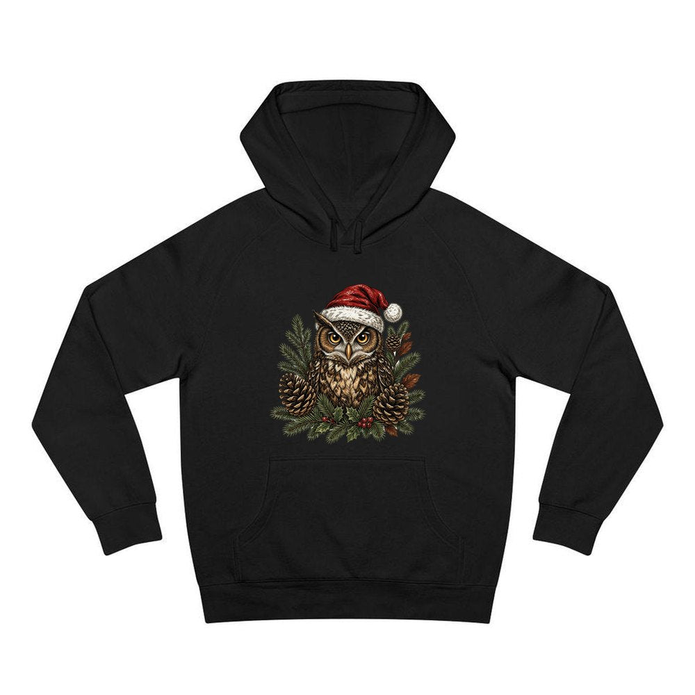 Owl in Santa Hat personalised Christmas hoodie in black