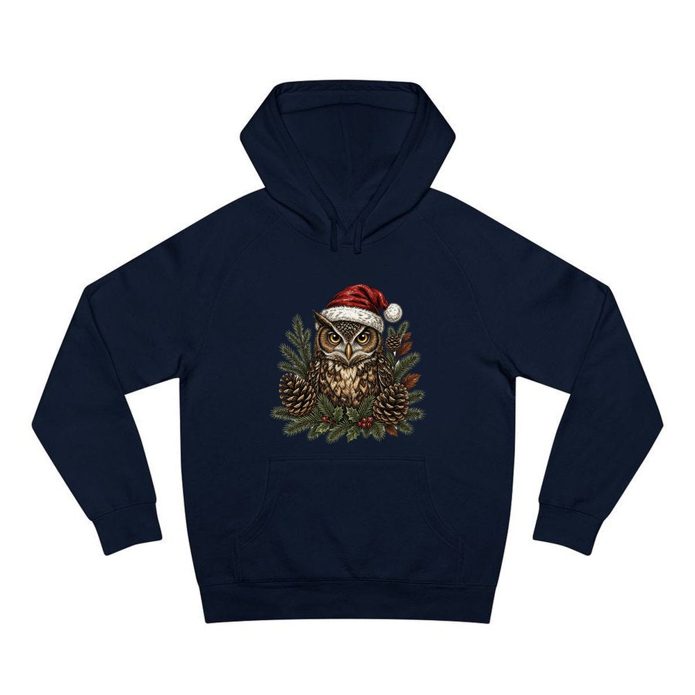 Owl in Santa Hat personalised Christmas hoodie in navy