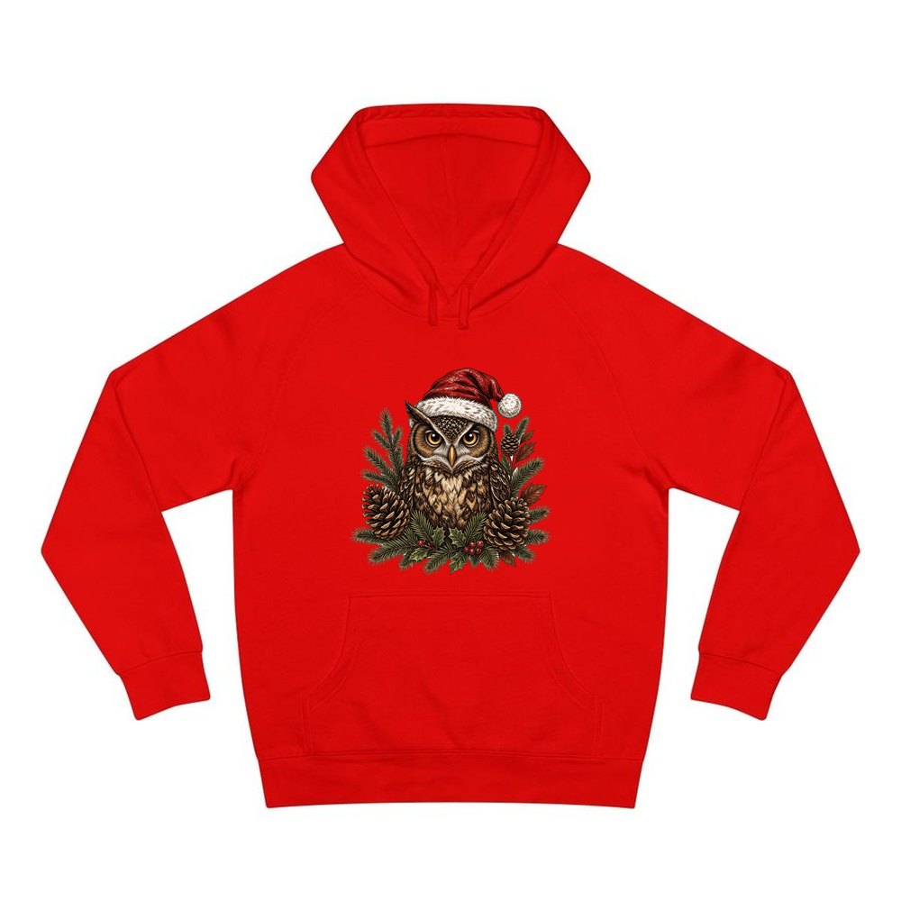 Owl in Santa Hat personalised Christmas hoodie in red
