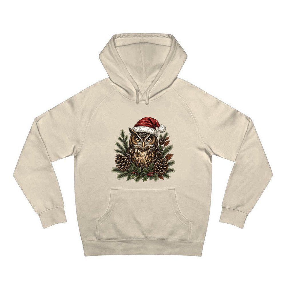 Owl in Santa Hat personalised Christmas hoodie in sand