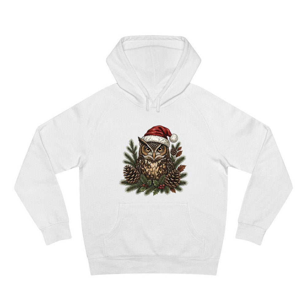 Owl in Santa Hat personalised Christmas hoodie in white