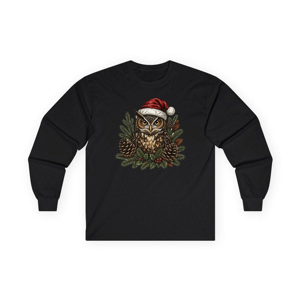 Owl in Santa Hat personalised long sleeve Christmas T-shirt in black