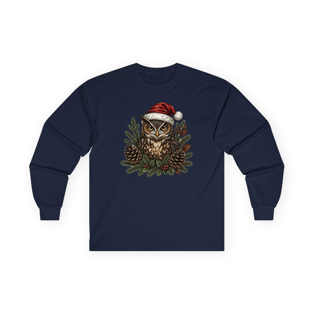 Owl in Santa Hat personalised long sleeve Christmas T-shirt in navy