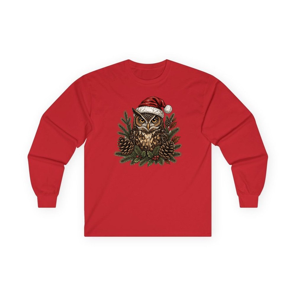 Owl in Santa Hat personalised long sleeve Christmas T-shirt in red