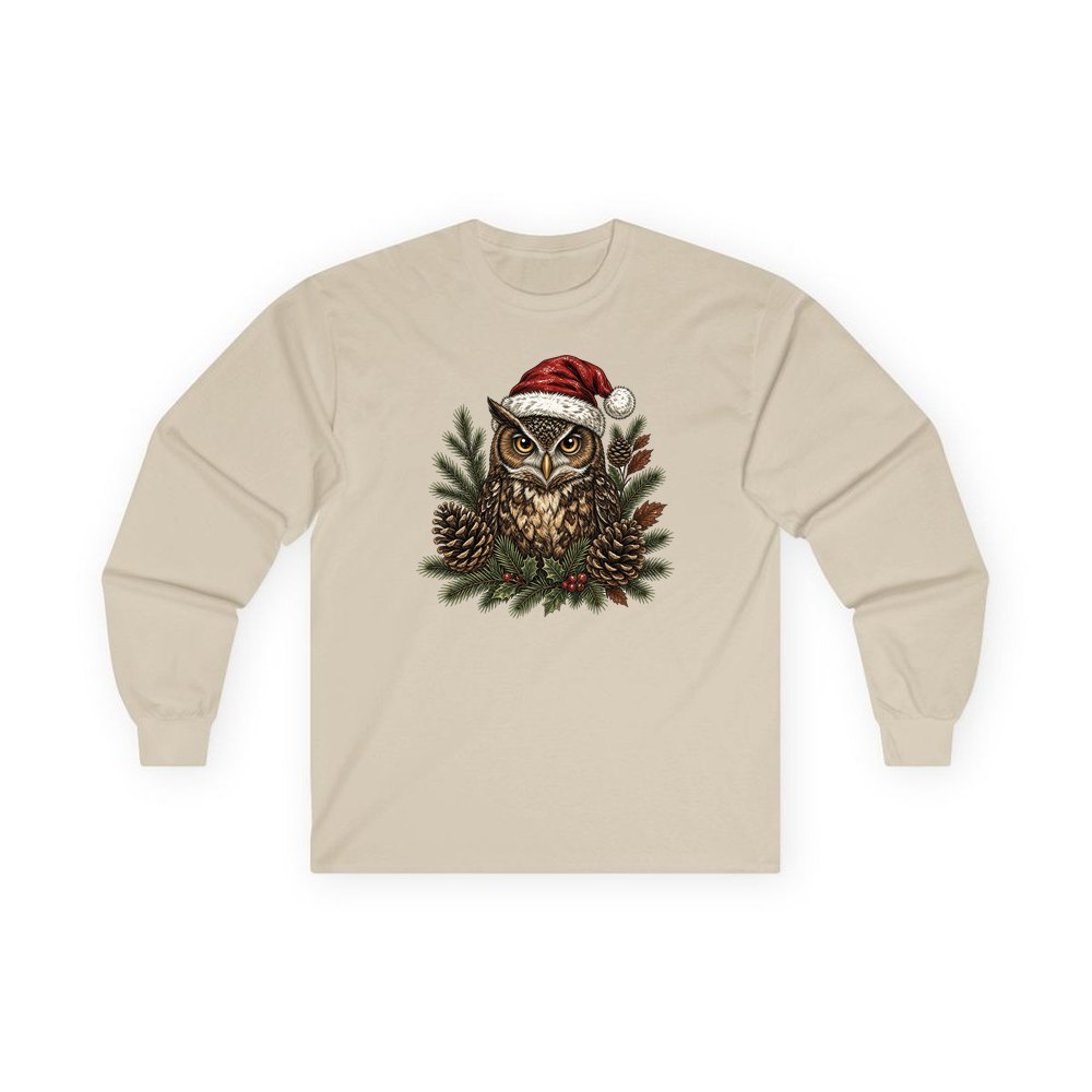 Owl in Santa Hat personalised long sleeve Christmas T-shirt in sand