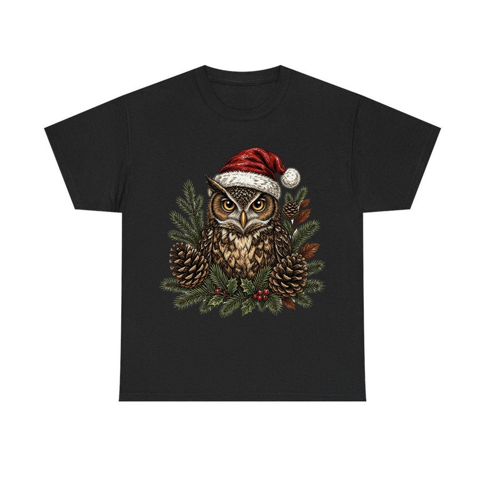 Owl in Santa Hat personalised Christmas T-shirt in black