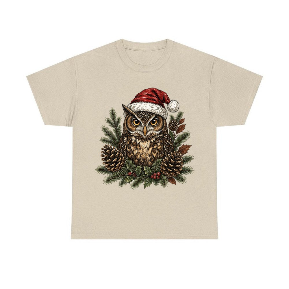Owl in Santa Hat personalised Christmas T-shirt in sand
