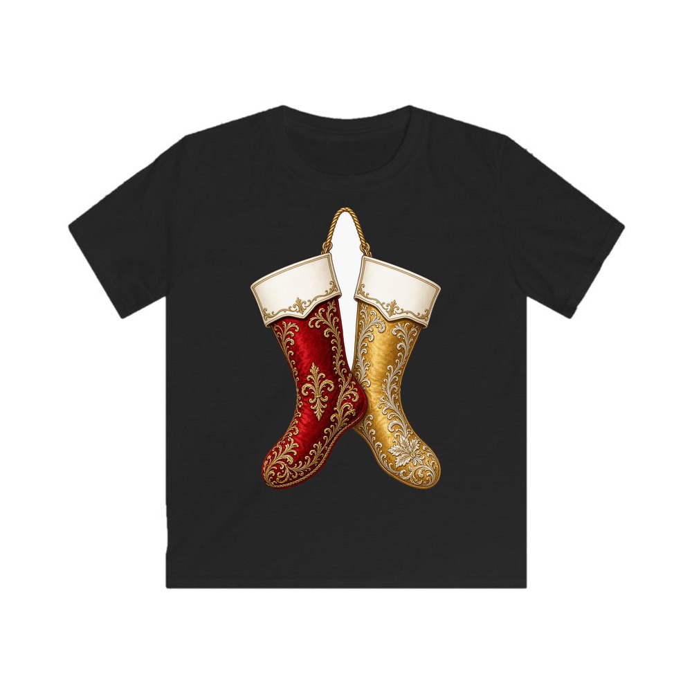 Pair Of Ornate Stockings personalised kids Christmas tee in black