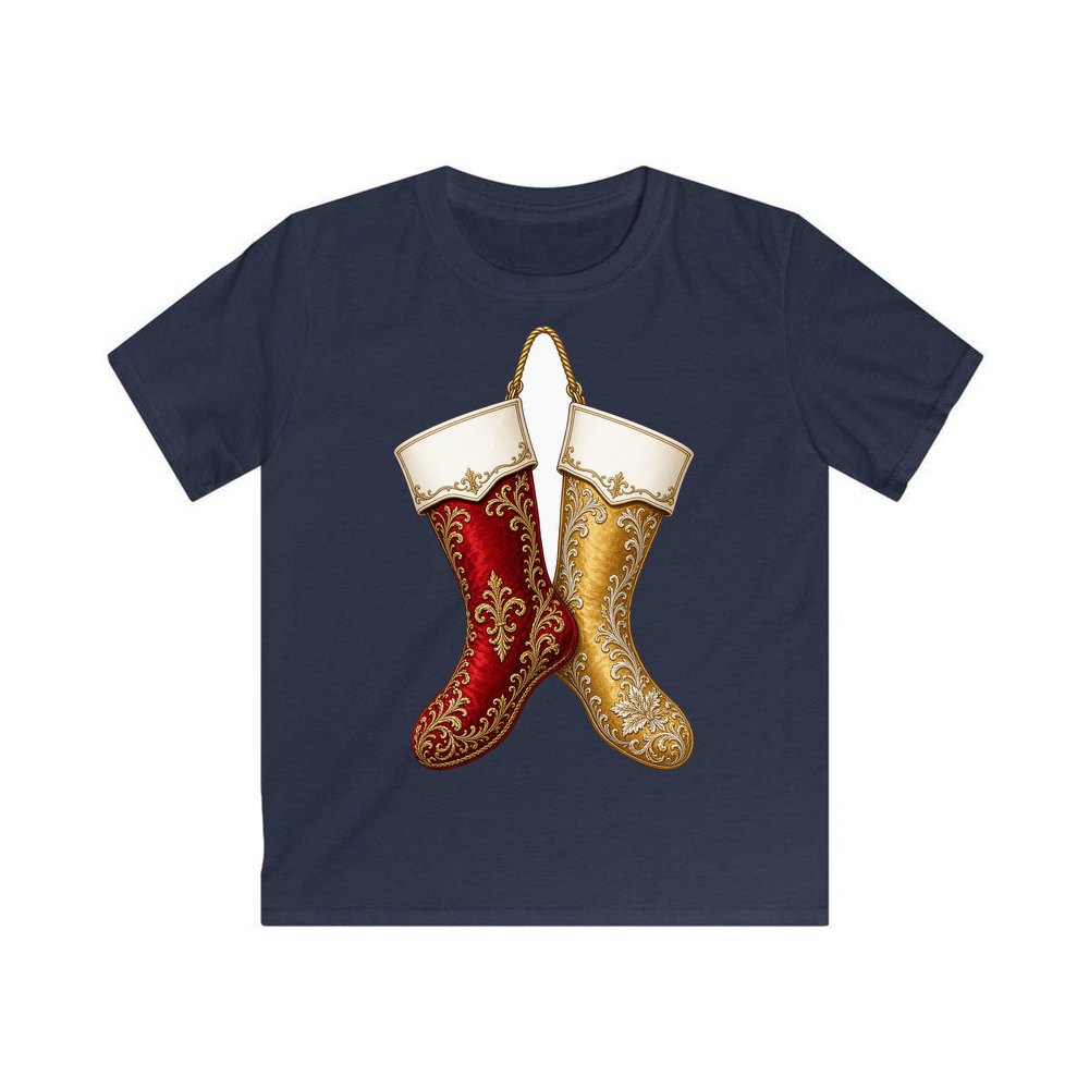 Pair Of Ornate Stockings personalised kids Christmas tee in navy