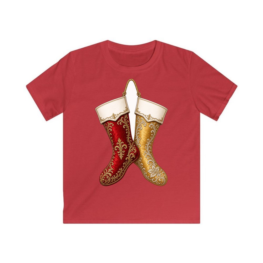 Pair Of Ornate Stockings personalised kids Christmas tee in red