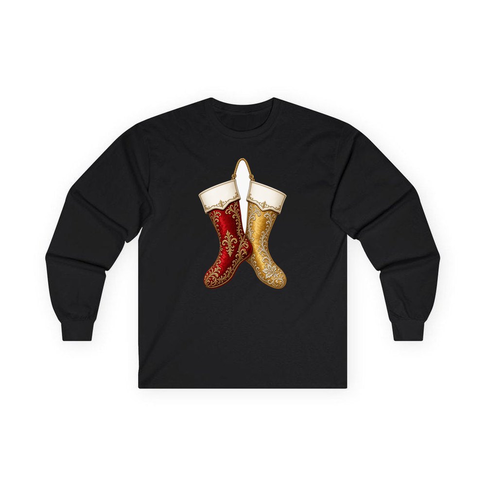 Pair Of Ornate Stockings personalised long sleeve Christmas T-shirt in black