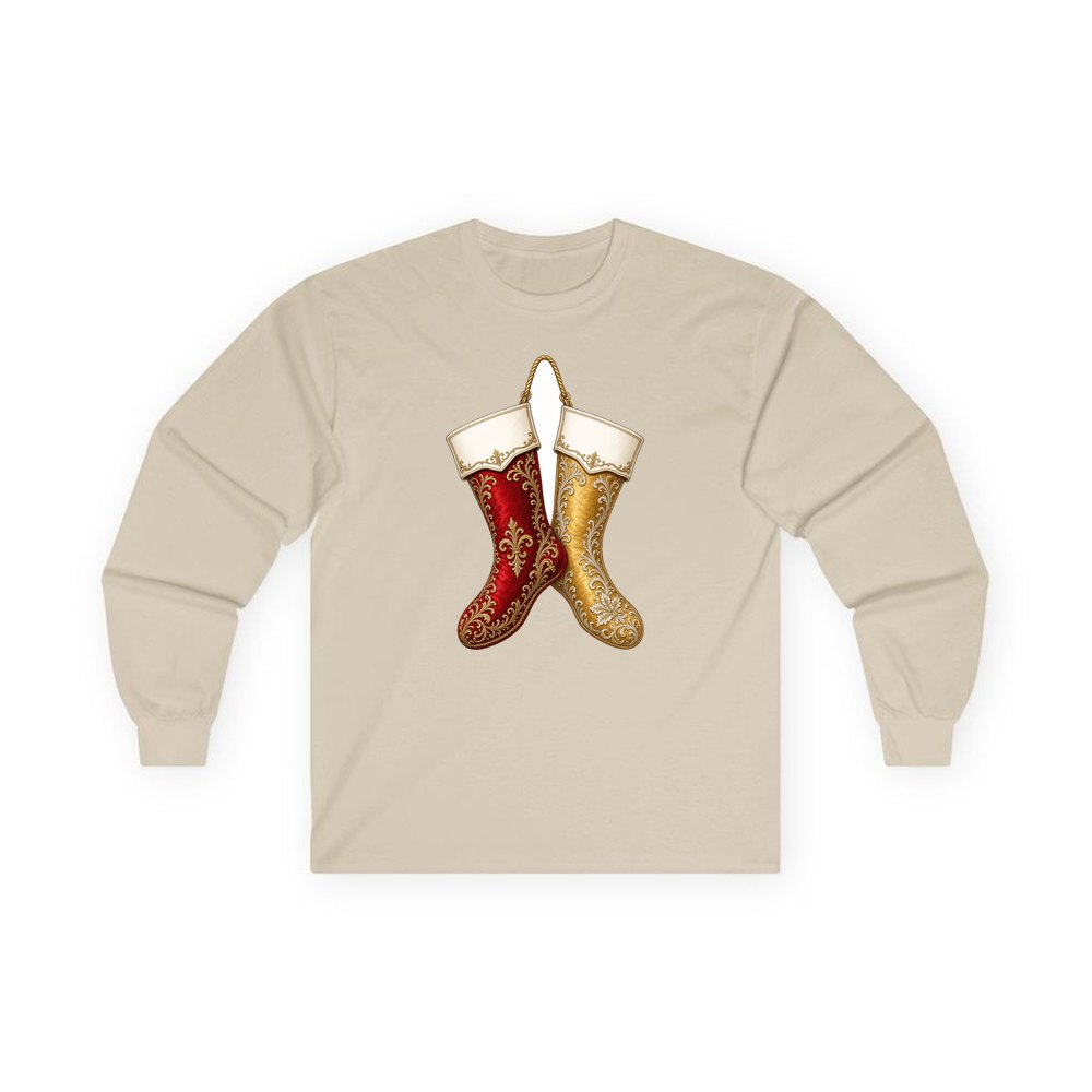 Pair Of Ornate Stockings personalised long sleeve Christmas T-shirt in sand