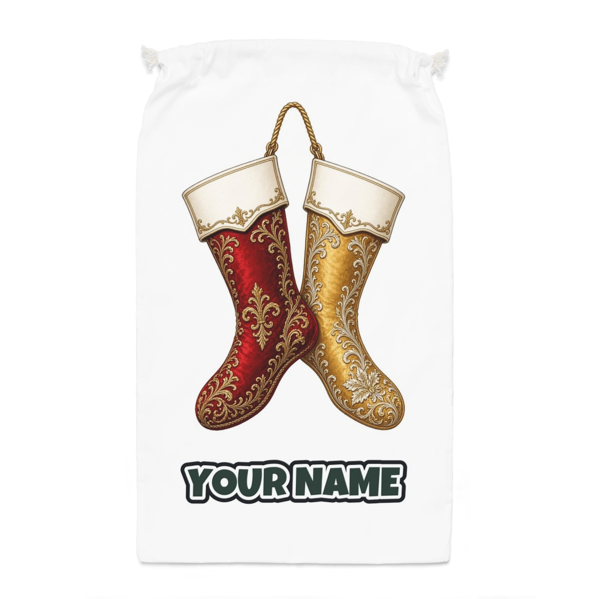 Pair Of Ornate Stockings Santa sack laid flat, showing the full print
