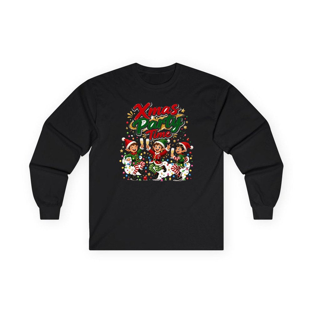 Party Elves With Bubbly personalised long sleeve Christmas T-shirt in black
