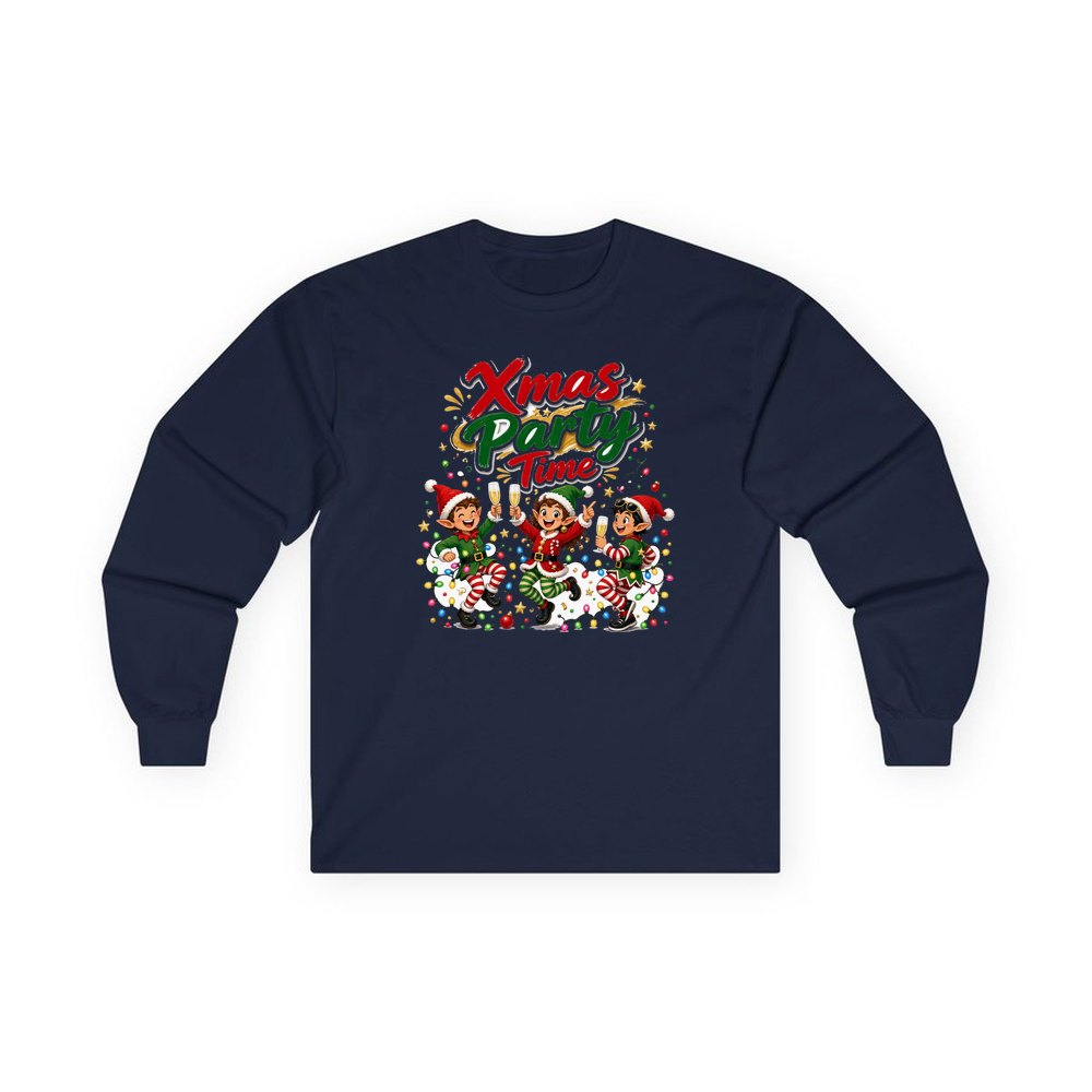 Party Elves With Bubbly personalised long sleeve Christmas T-shirt in navy
