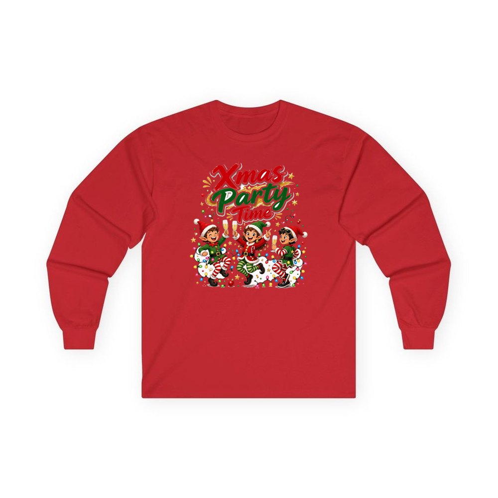 Party Elves With Bubbly personalised long sleeve Christmas T-shirt in red