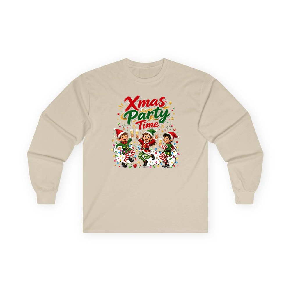 Party Elves With Bubbly personalised long sleeve Christmas T-shirt in sand