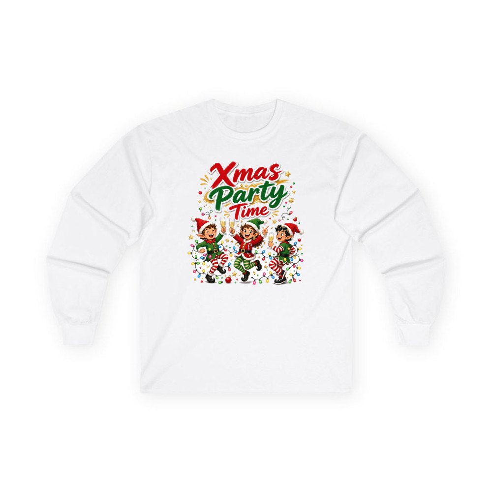 Party Elves With Bubbly personalised long sleeve Christmas T-shirt in white
