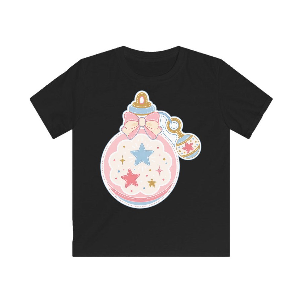 Pastel Baby Rattle Bauble personalised kids Christmas tee in black