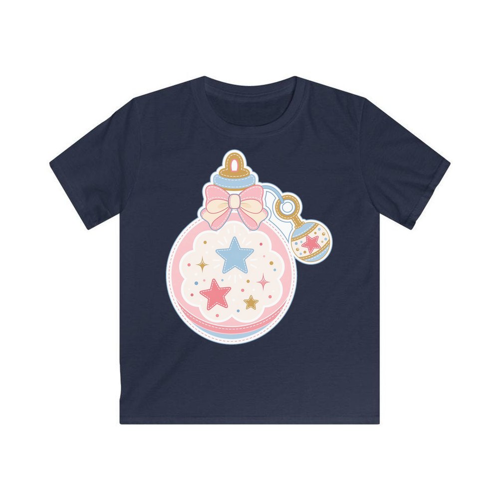 Pastel Baby Rattle Bauble personalised kids Christmas tee in navy