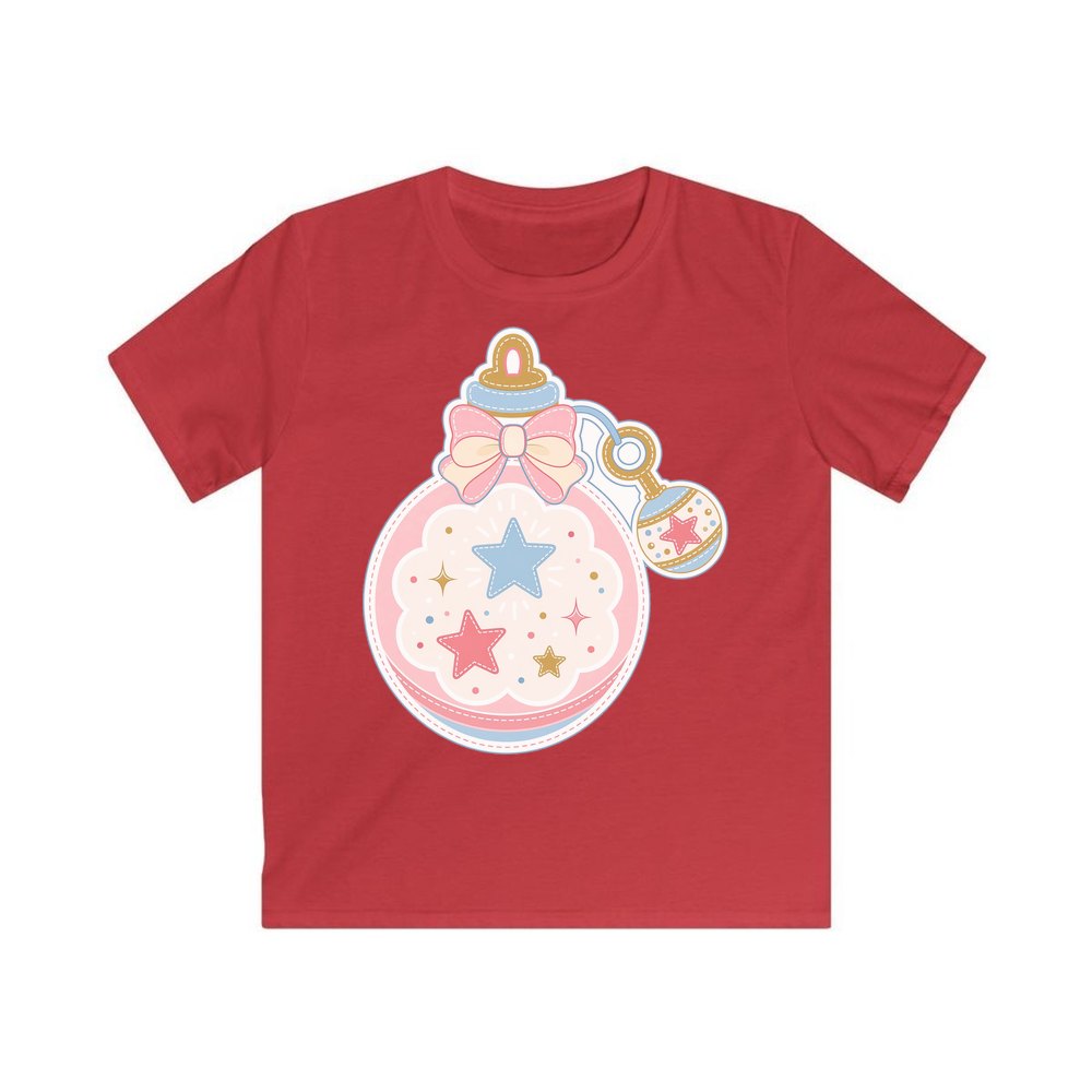 Pastel Baby Rattle Bauble personalised kids Christmas tee in red