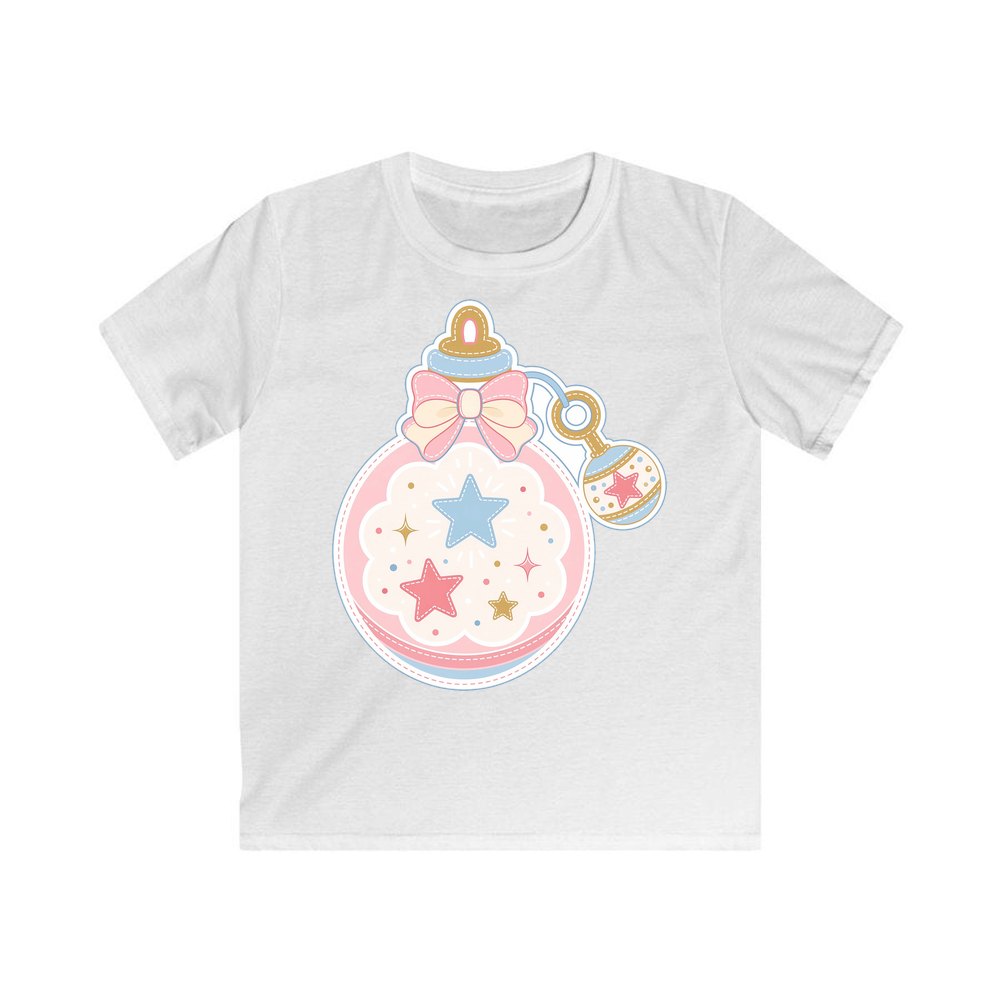 Pastel Baby Rattle Bauble personalised kids Christmas tee in white