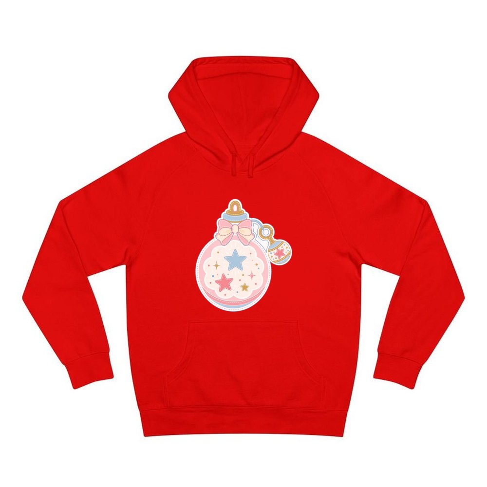 Pastel Baby Rattle Bauble personalised Christmas hoodie in red
