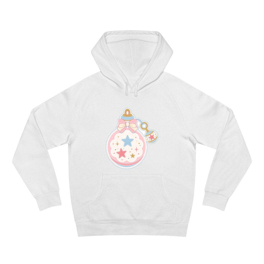 Pastel Baby Rattle Bauble personalised Christmas hoodie in white
