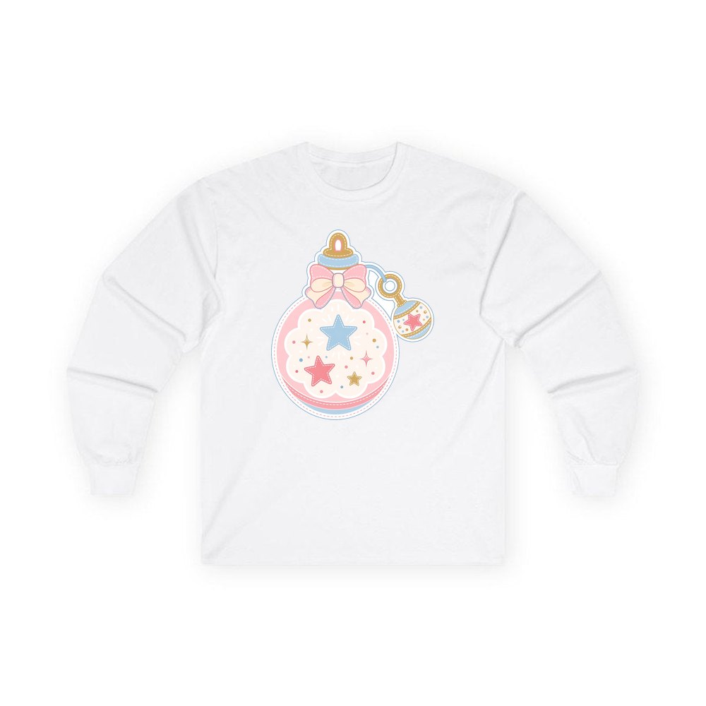 Pastel Baby Rattle Bauble personalised long sleeve Christmas T-shirt in white