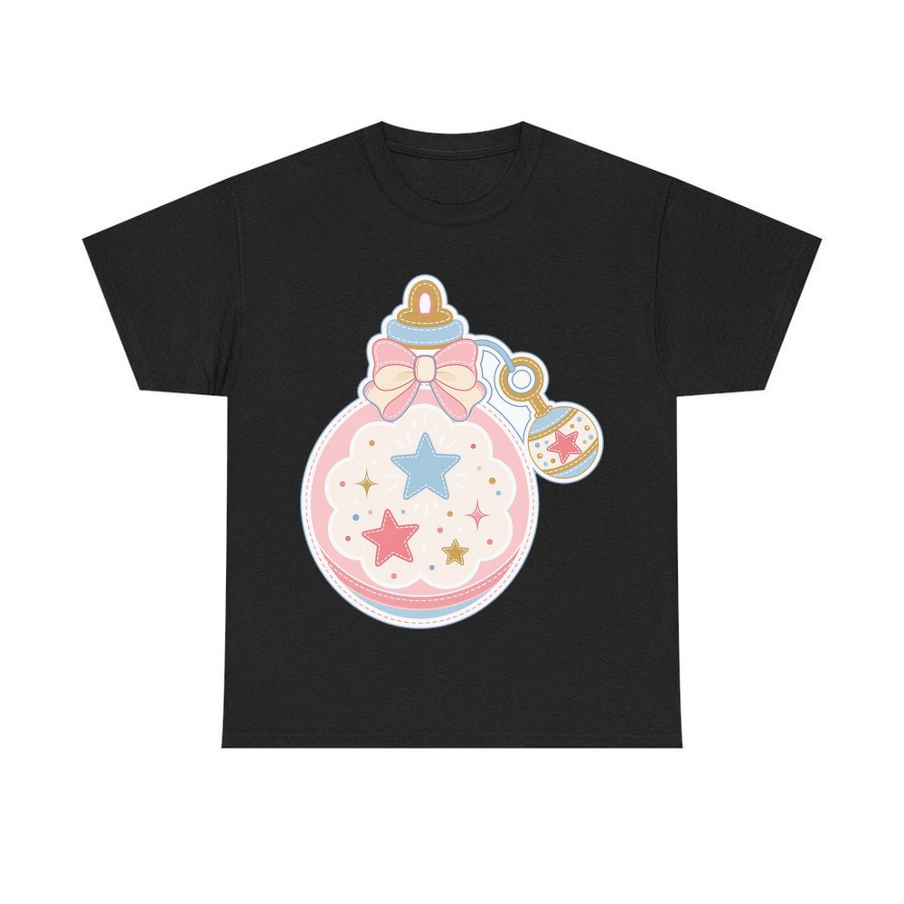 Pastel Baby Rattle Bauble personalised Christmas T-shirt in black