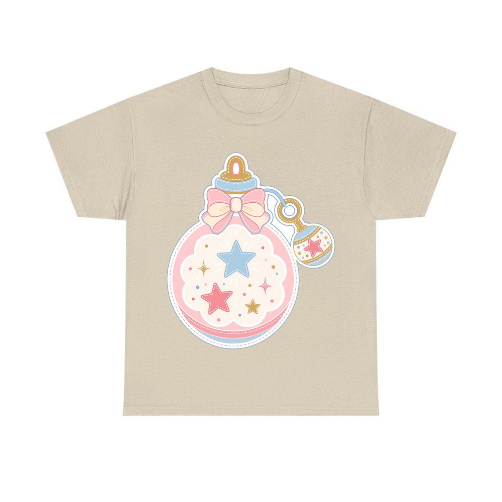 Pastel Baby Rattle Bauble personalised Christmas T-shirt in sand