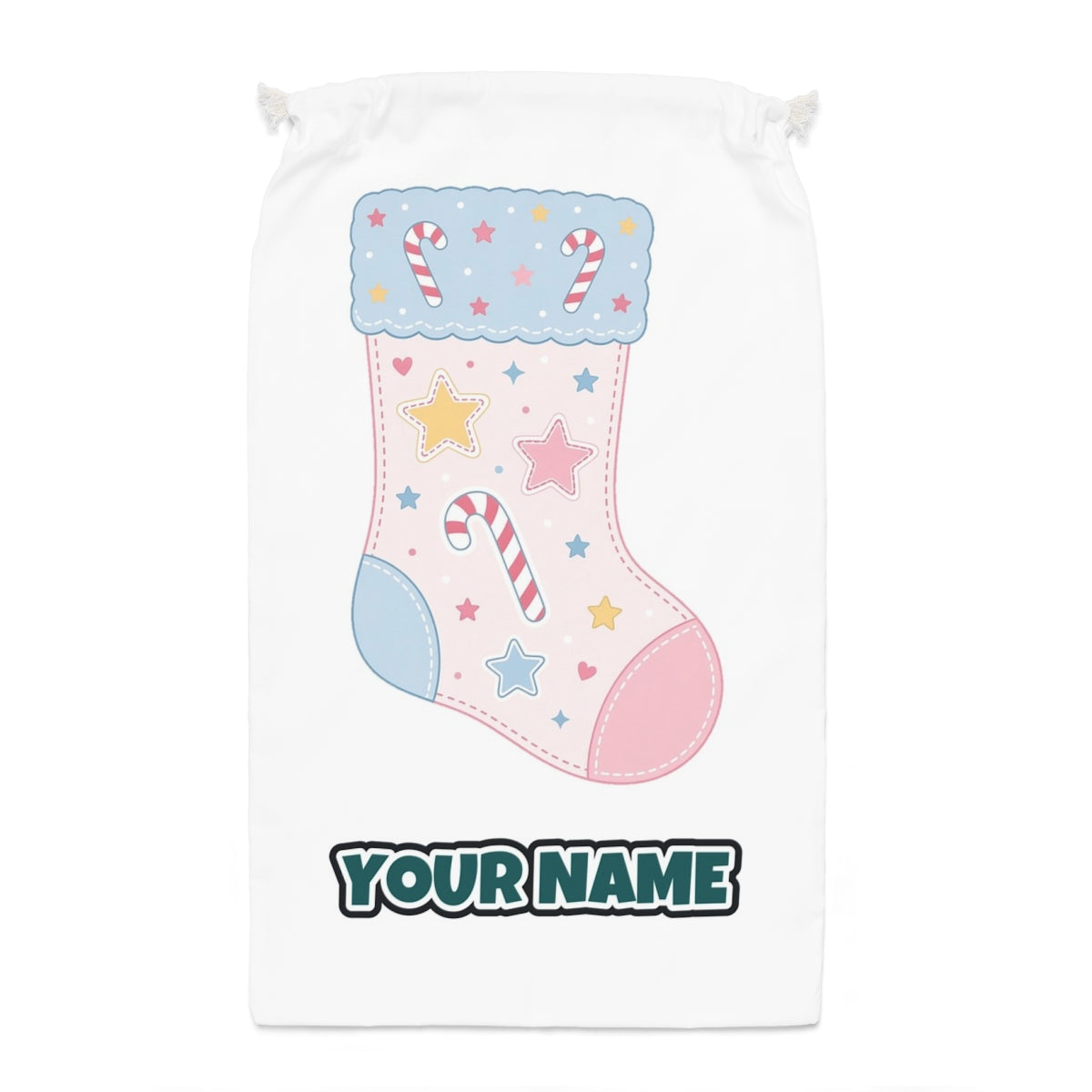 Pastel Baby Stocking Santa sack laid flat, showing the full print