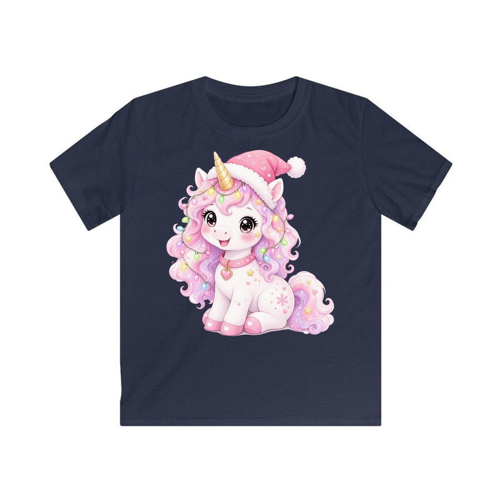 Pastel Christmas Unicorn personalised kids Christmas tee in navy