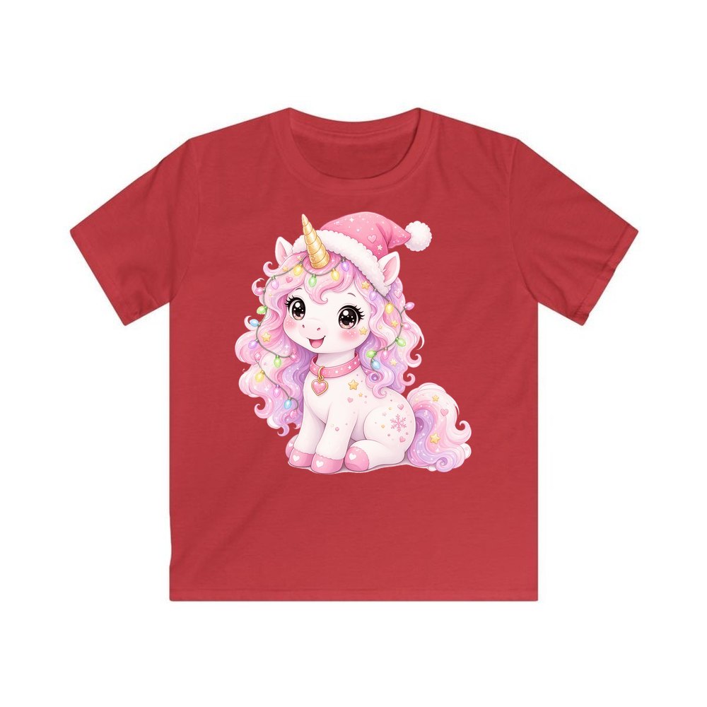 Pastel Christmas Unicorn personalised kids Christmas tee in red