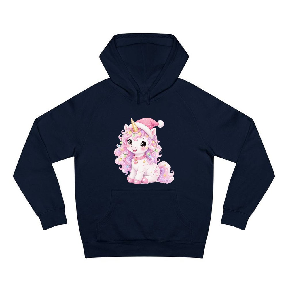 Pastel Christmas Unicorn personalised Christmas hoodie in navy